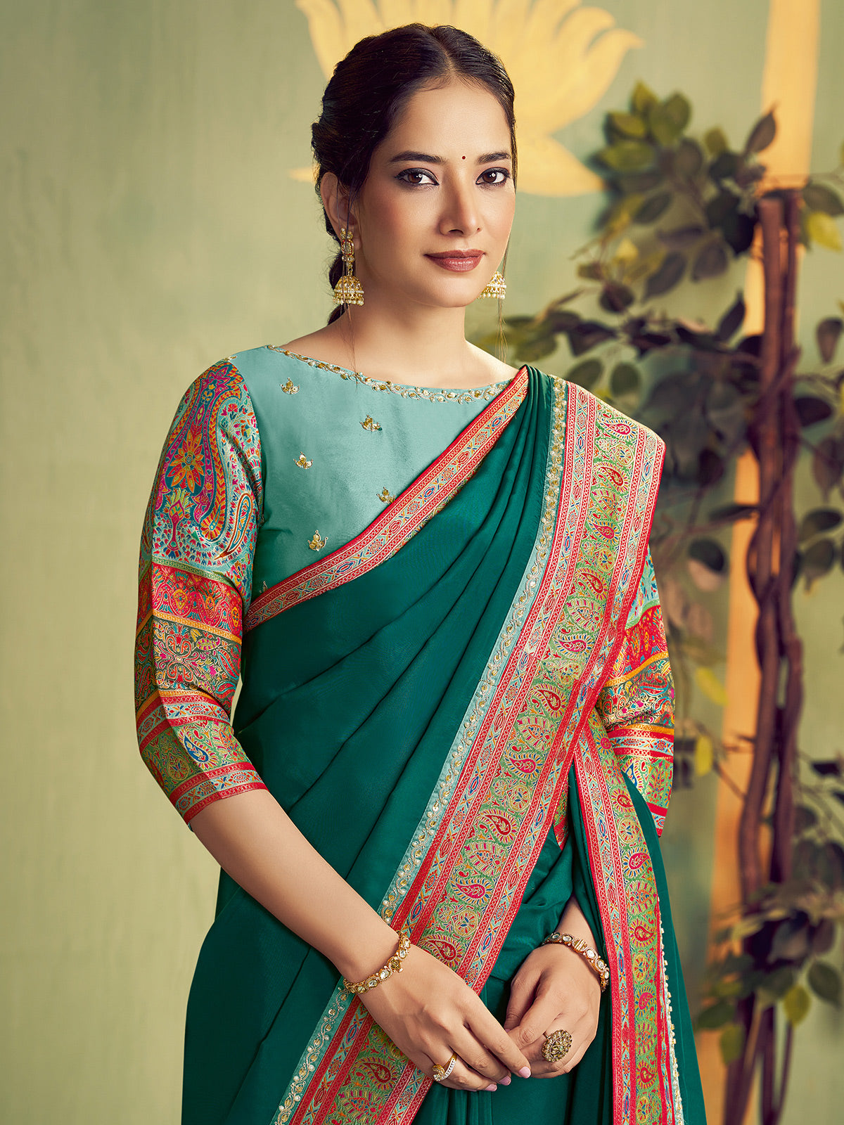 Green banarasi natural silk saree for festivals
