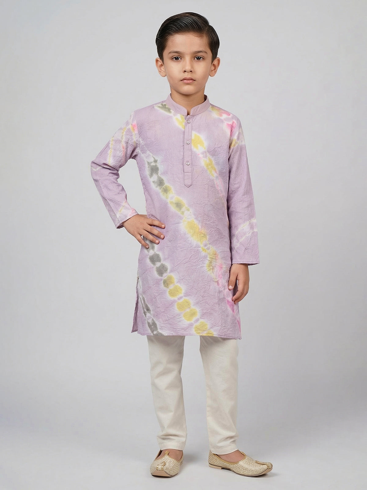 Lilac purple silk printed chinese collar kurta suit