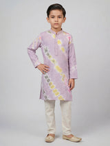 Lilac purple silk printed chinese collar kurta suit