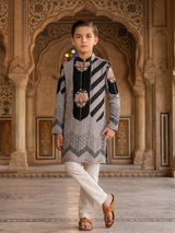 Grey and black silk printed resham sequined kurta suit