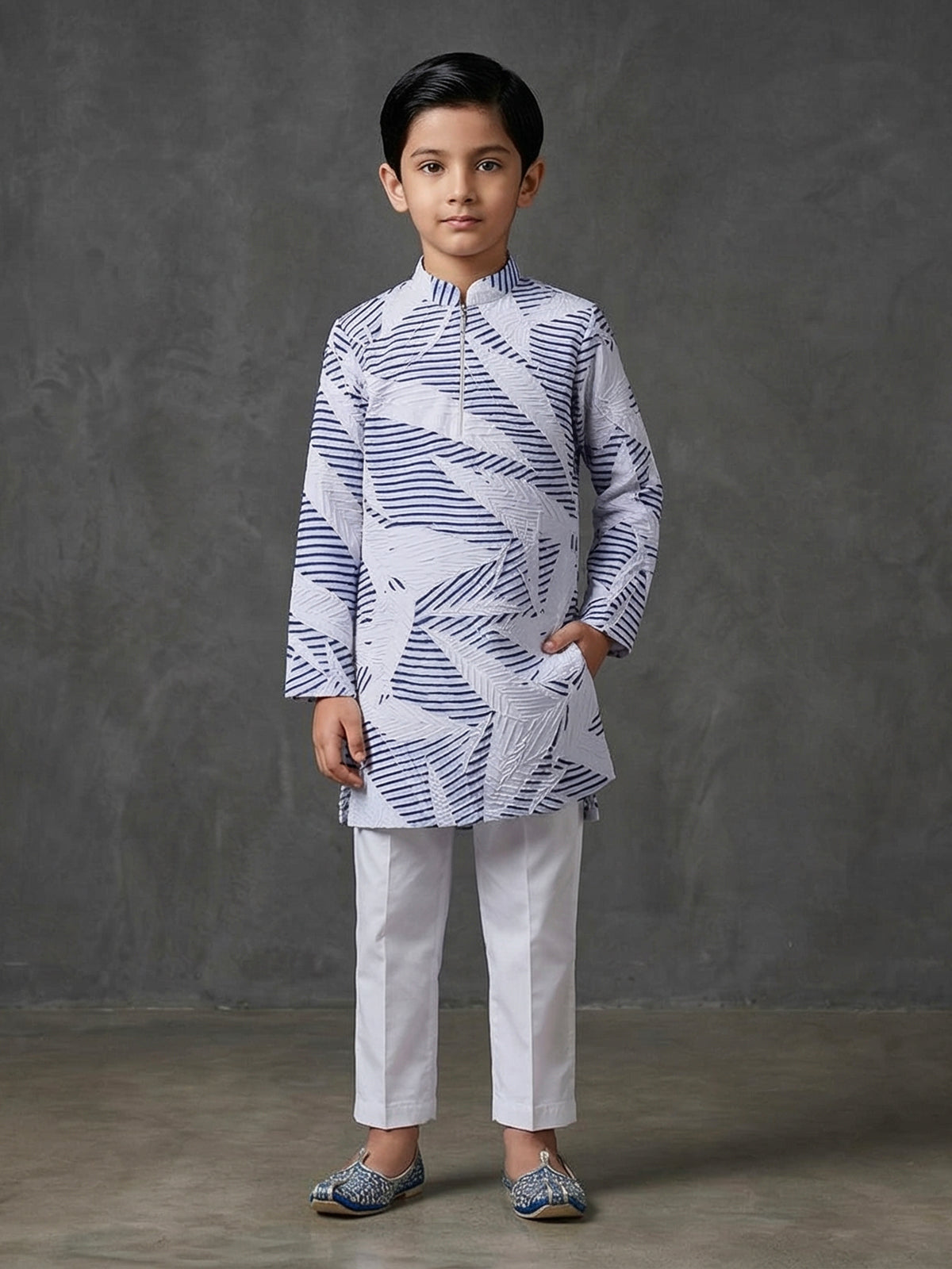 White and blue cotton kurta suit for boys