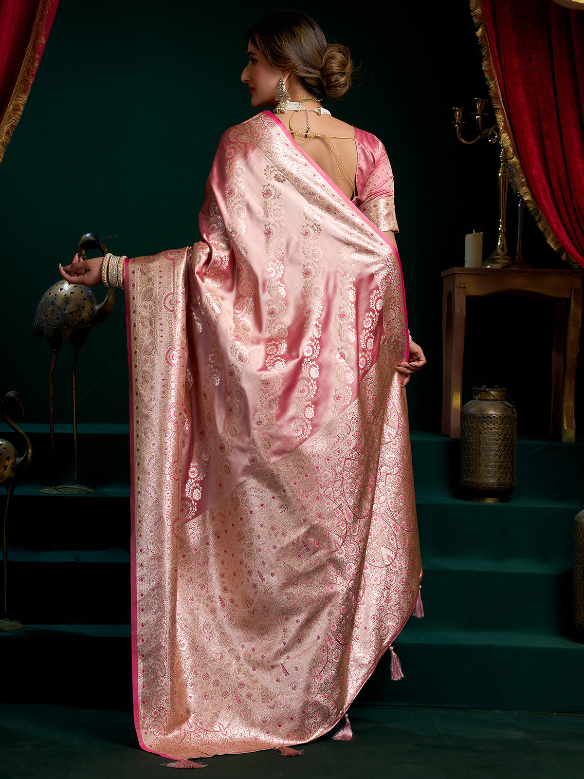 Shiny pink banarasi silk saree