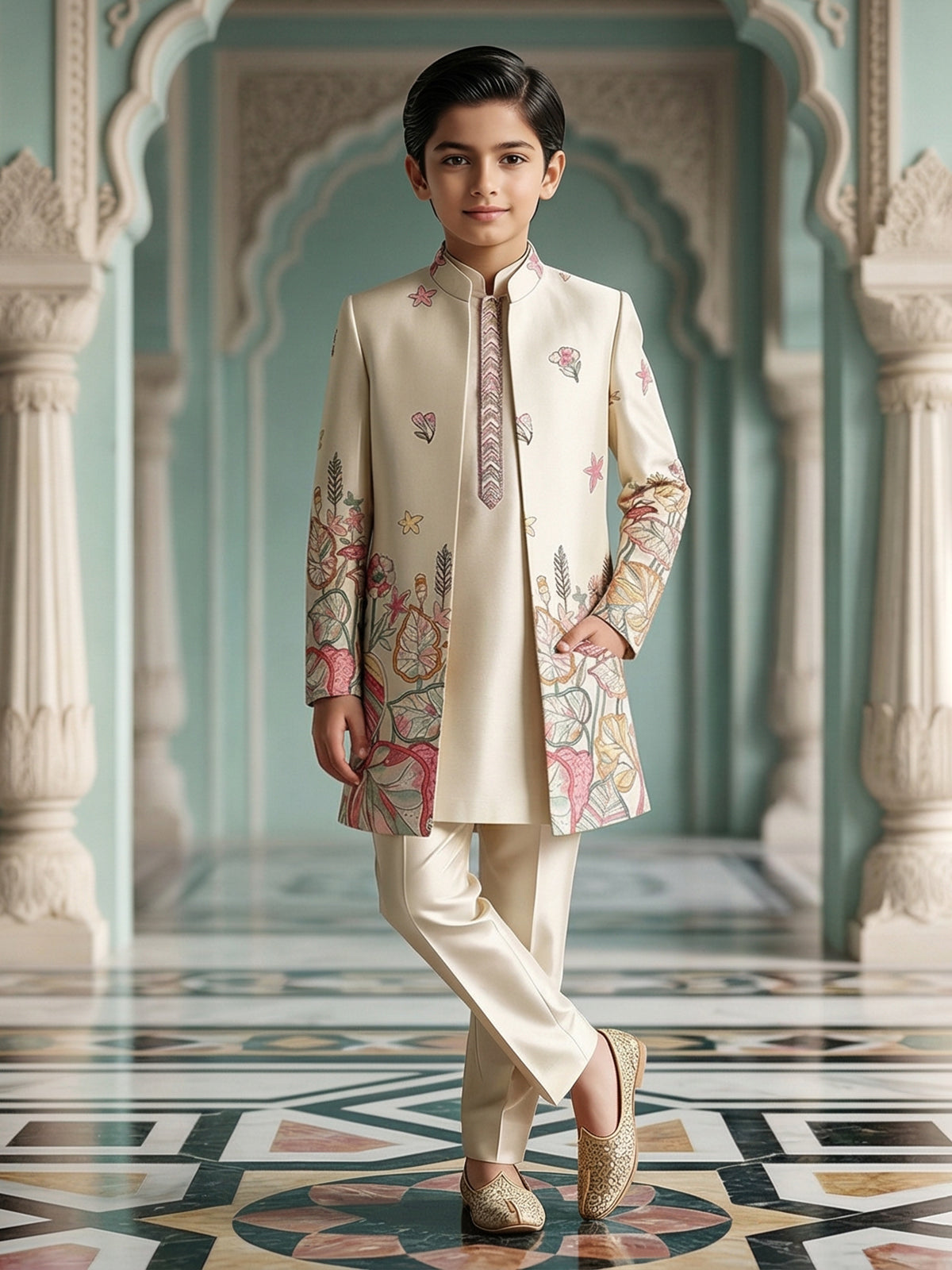 Cream silk embroidered indowestern for wedding wear
