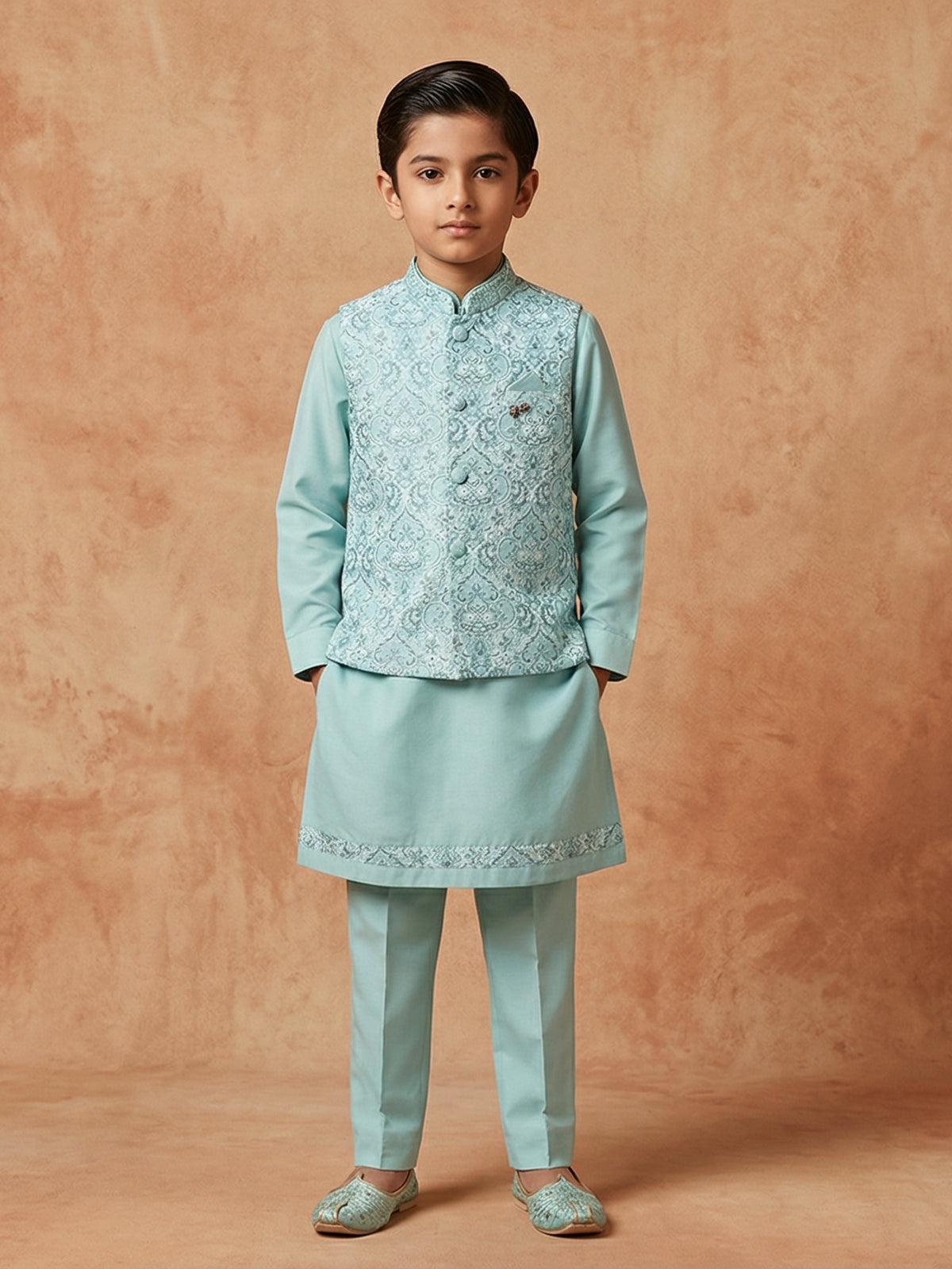Sky blue printed silk waistcoat set