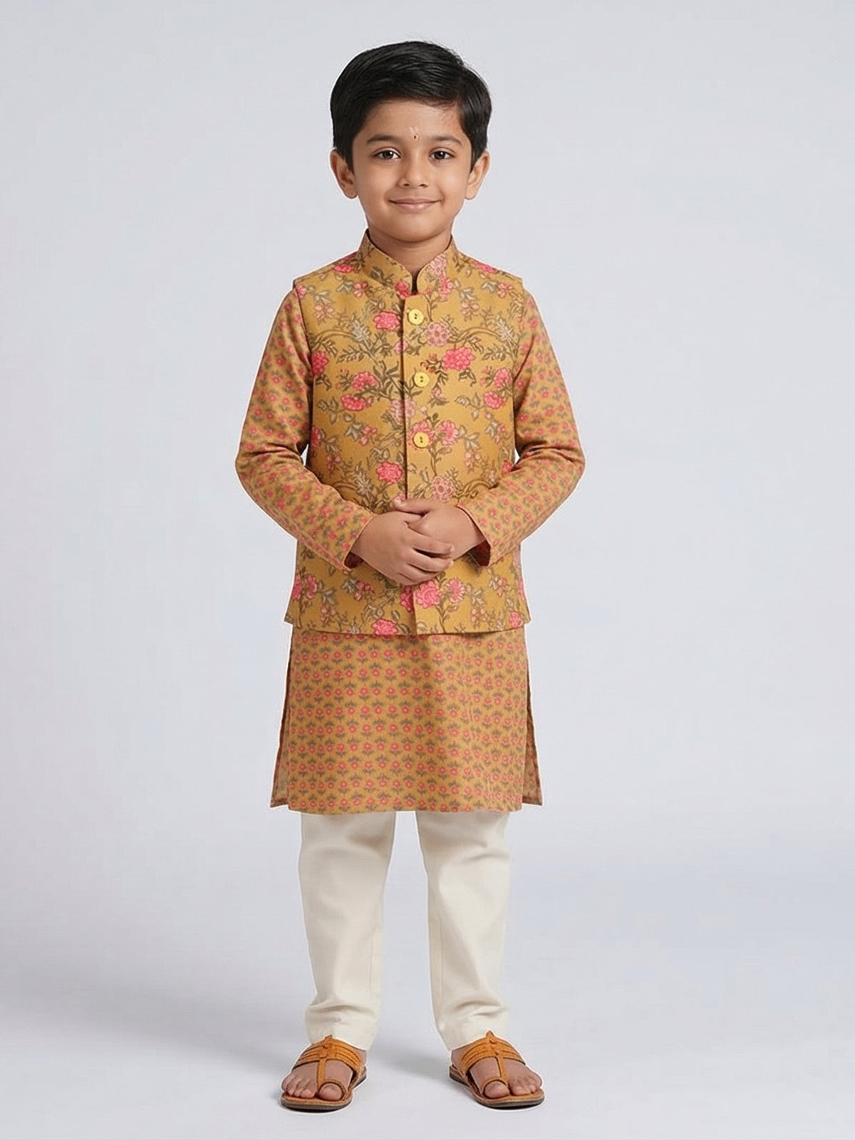 Mustard yellow cotton silk printed waistcoat set