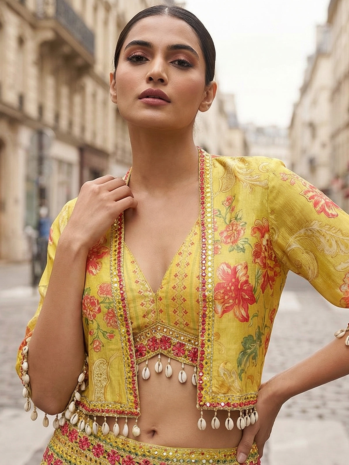 Yellow silk printed lehenga choli with short jacket
