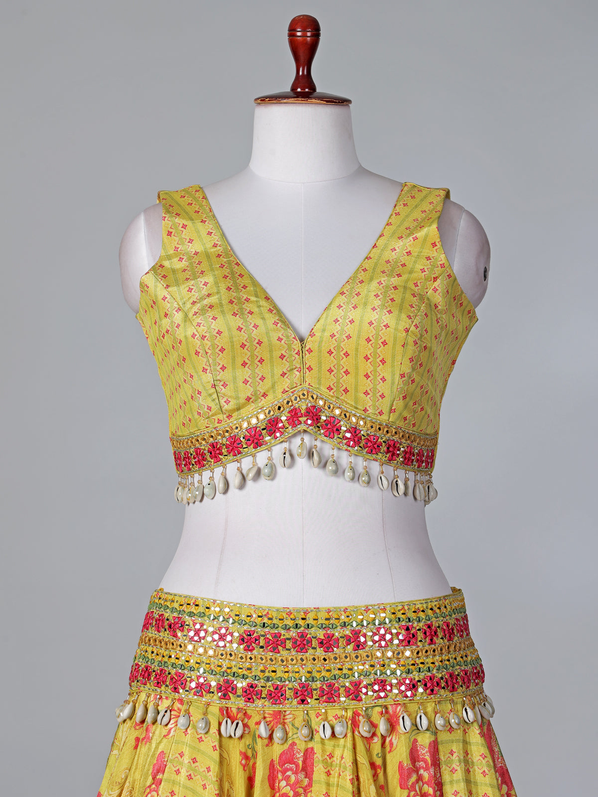 Yellow silk printed lehenga choli with short jacket