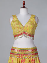 Yellow silk printed lehenga choli with short jacket