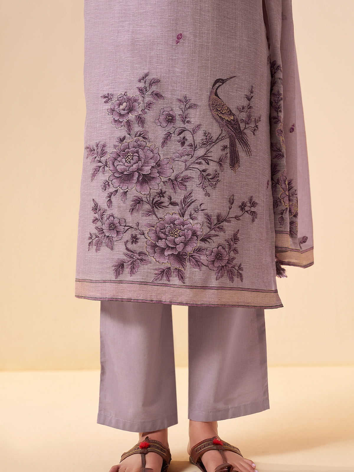 Lavender purple floral printed linen kurti set with dupatta