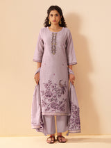 Lavender purple floral printed linen kurti set with dupatta