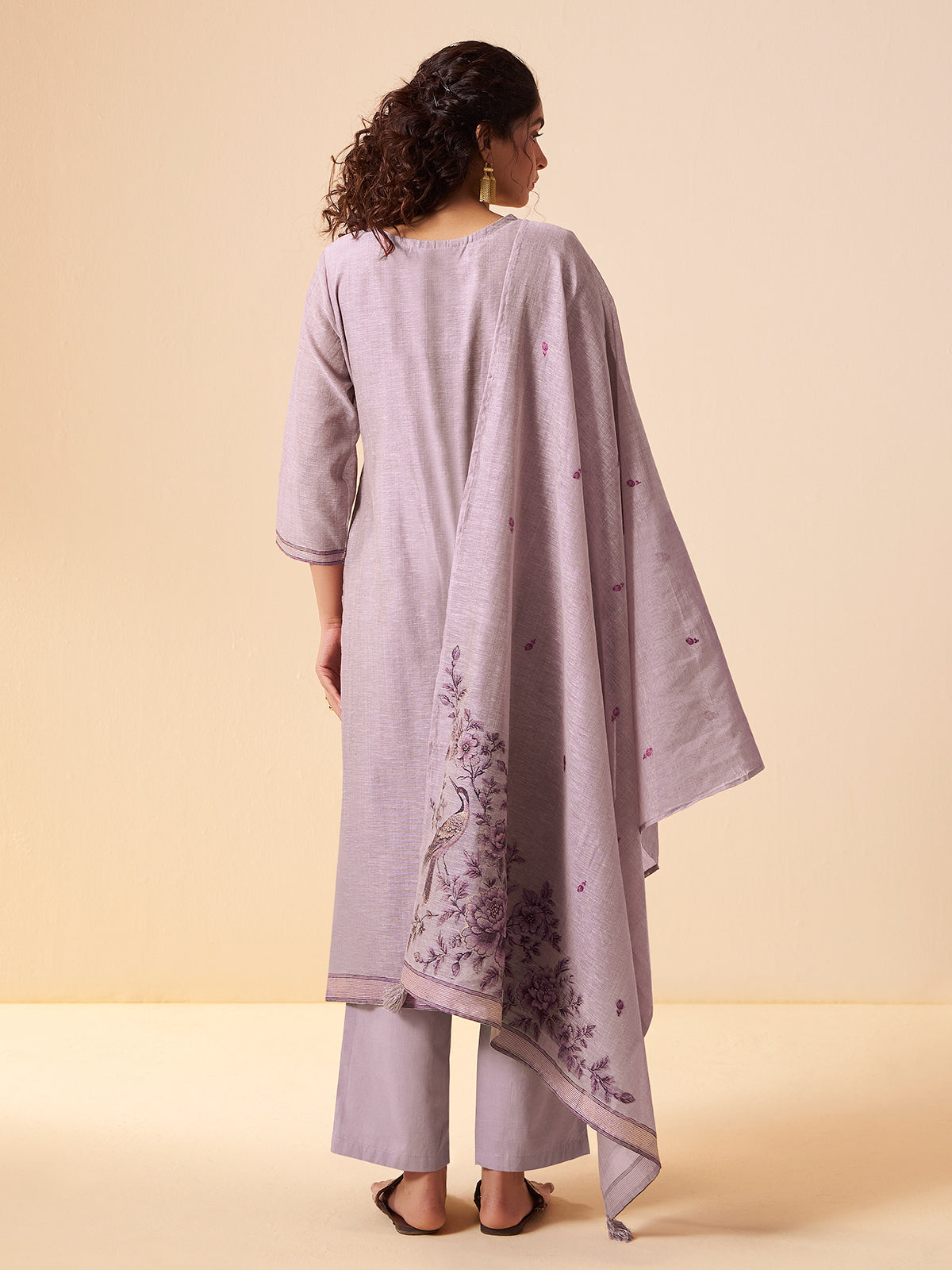 Lavender purple floral printed linen kurti set with dupatta