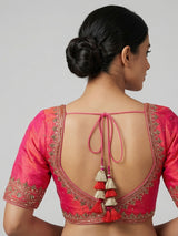 Orange raw silk zardosi embellished V neck blouse