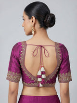 Purple raw silk embellished V neck blouse