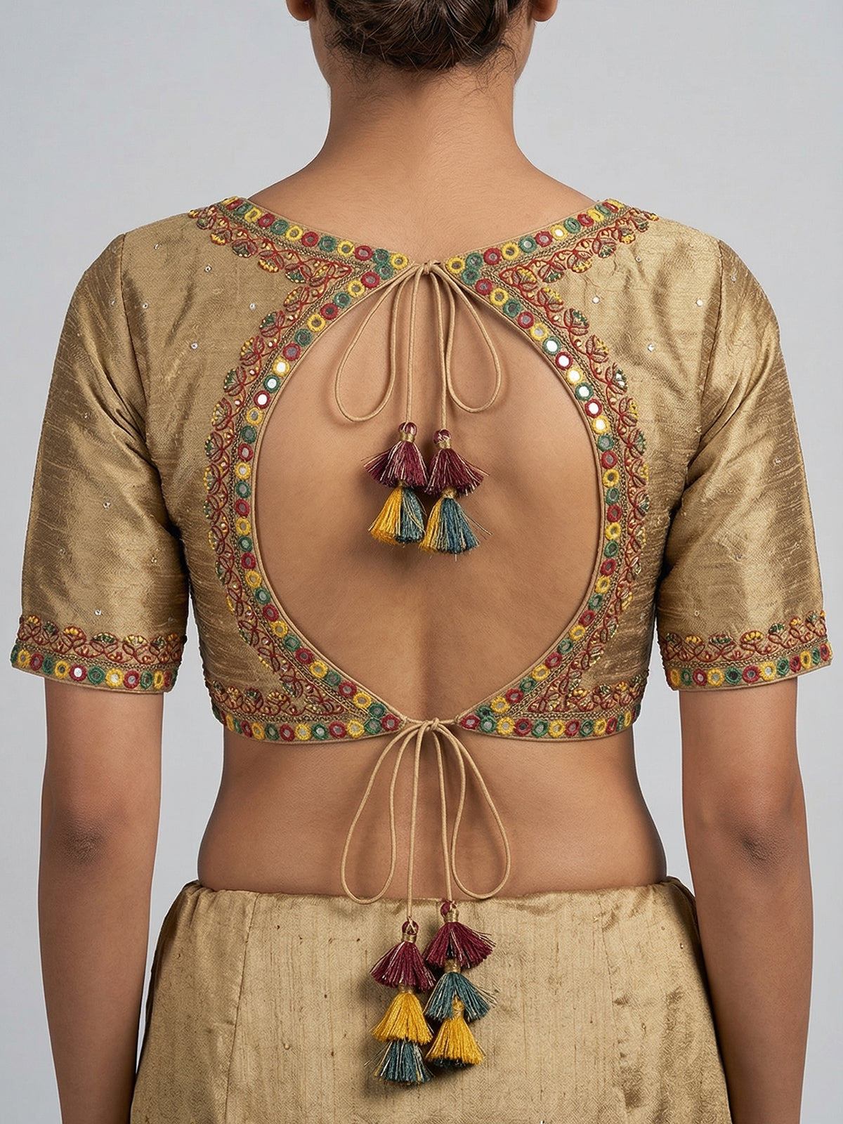 Beige raw silk mirror work sweetheart neck blouse