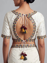 White raw silk mirror work sweetheart neck blouse