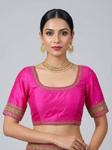 Magenta raw silk heavy embellished elbow sleeve blouse