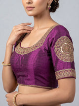Purple raw silk embroidered round neck blouse