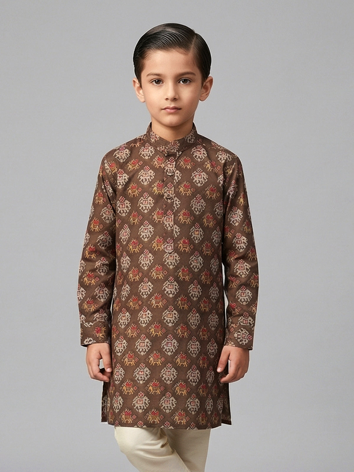 Dark brown printed cotton silk kurta