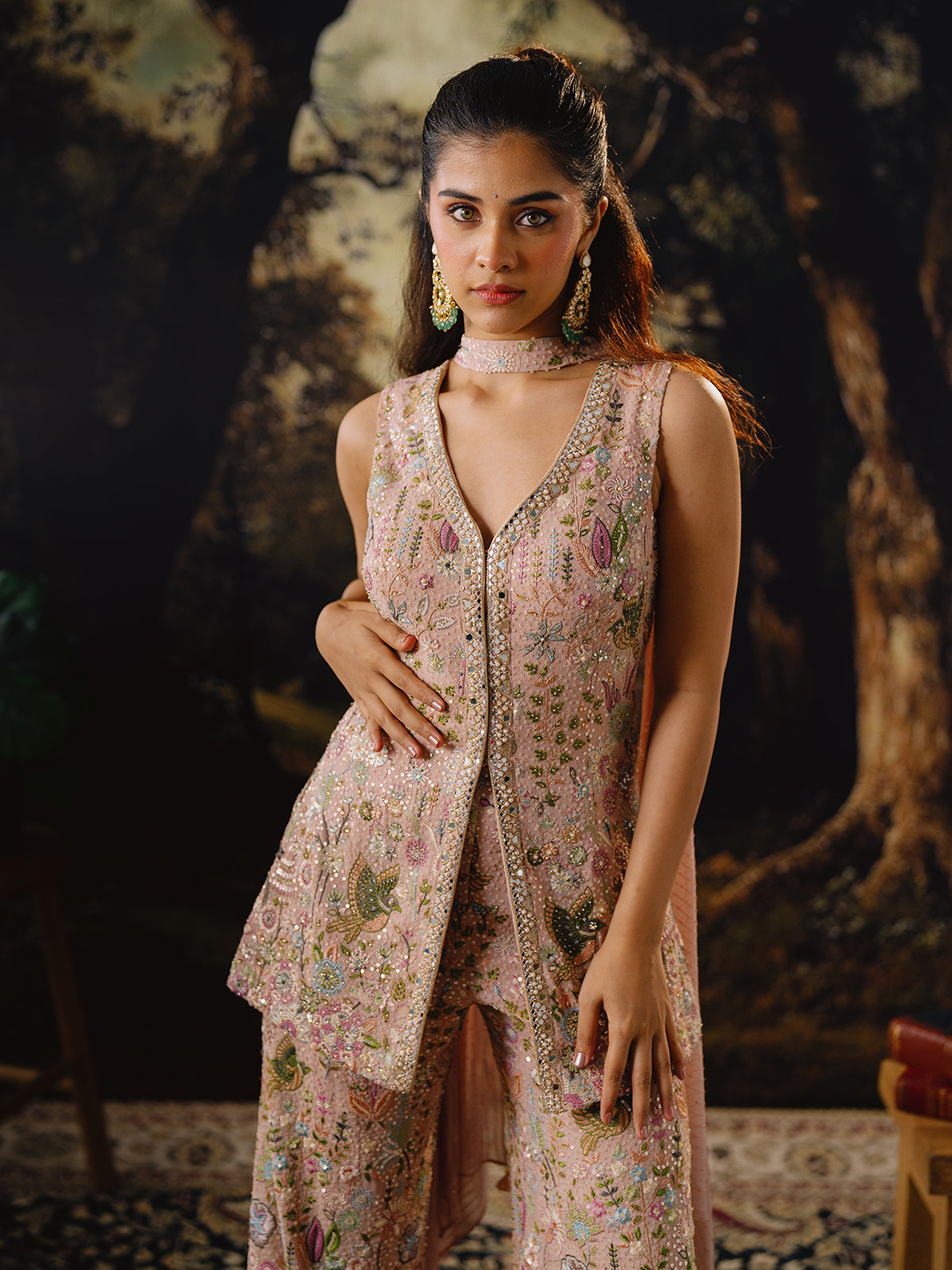 Peach georgette palazzo suit with thread work