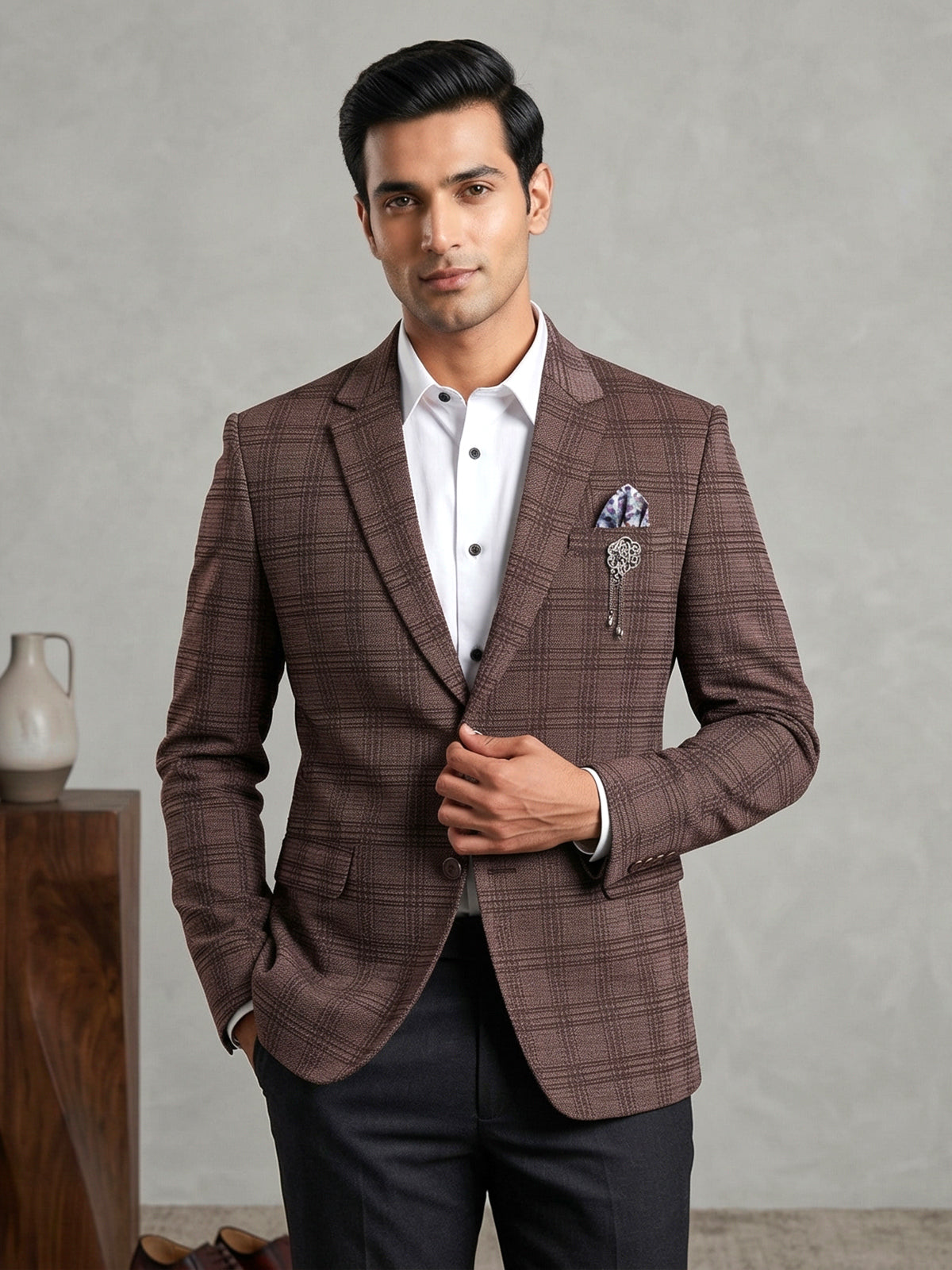 Maroon cotton textured blazer for party