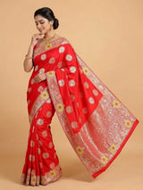 Red silk sari with bandhej print