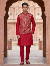 Red reception wear waistcoat set with resham detailing