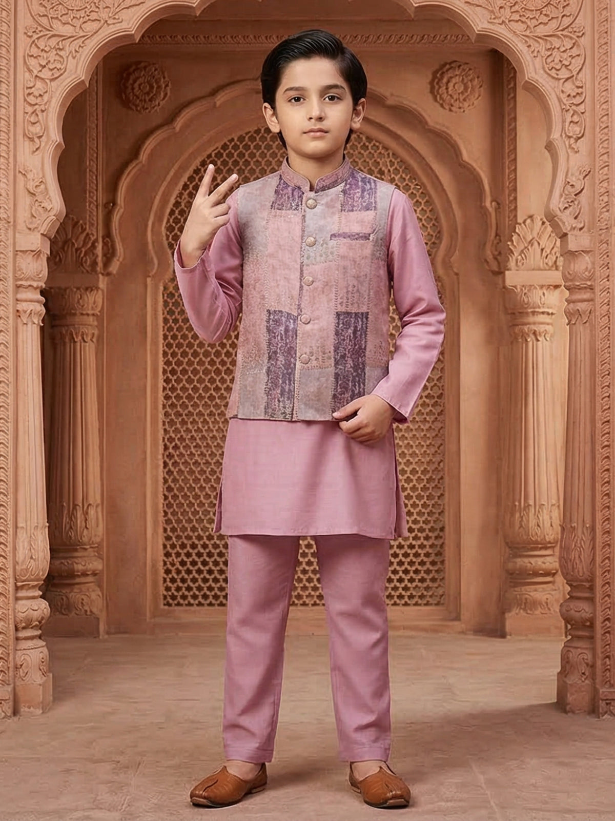 Light pink cotton silk waistcoat set with print