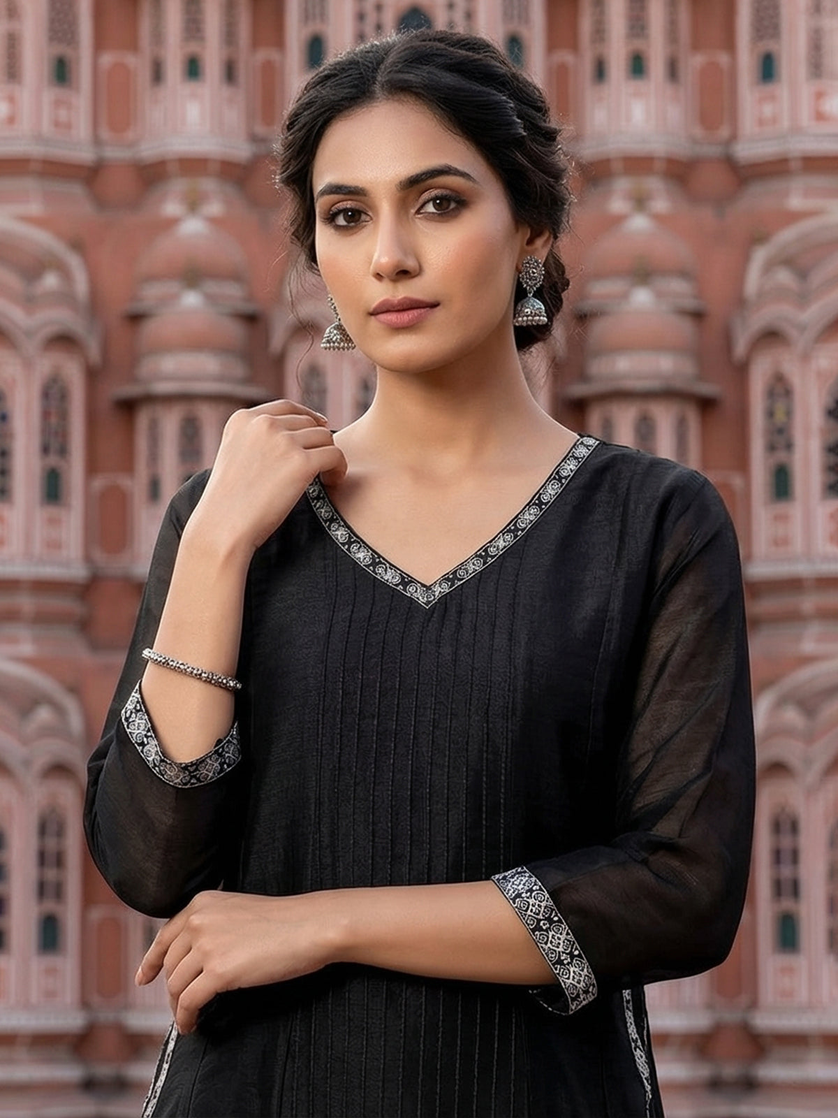 Black silk embroidered anarkali suit with dupatta