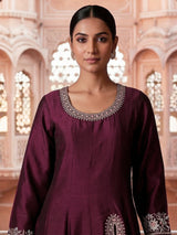 Wine silk embroidered festive palazzo suit with contrast dupatta
