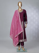 Wine silk embroidered festive palazzo suit with contrast dupatta