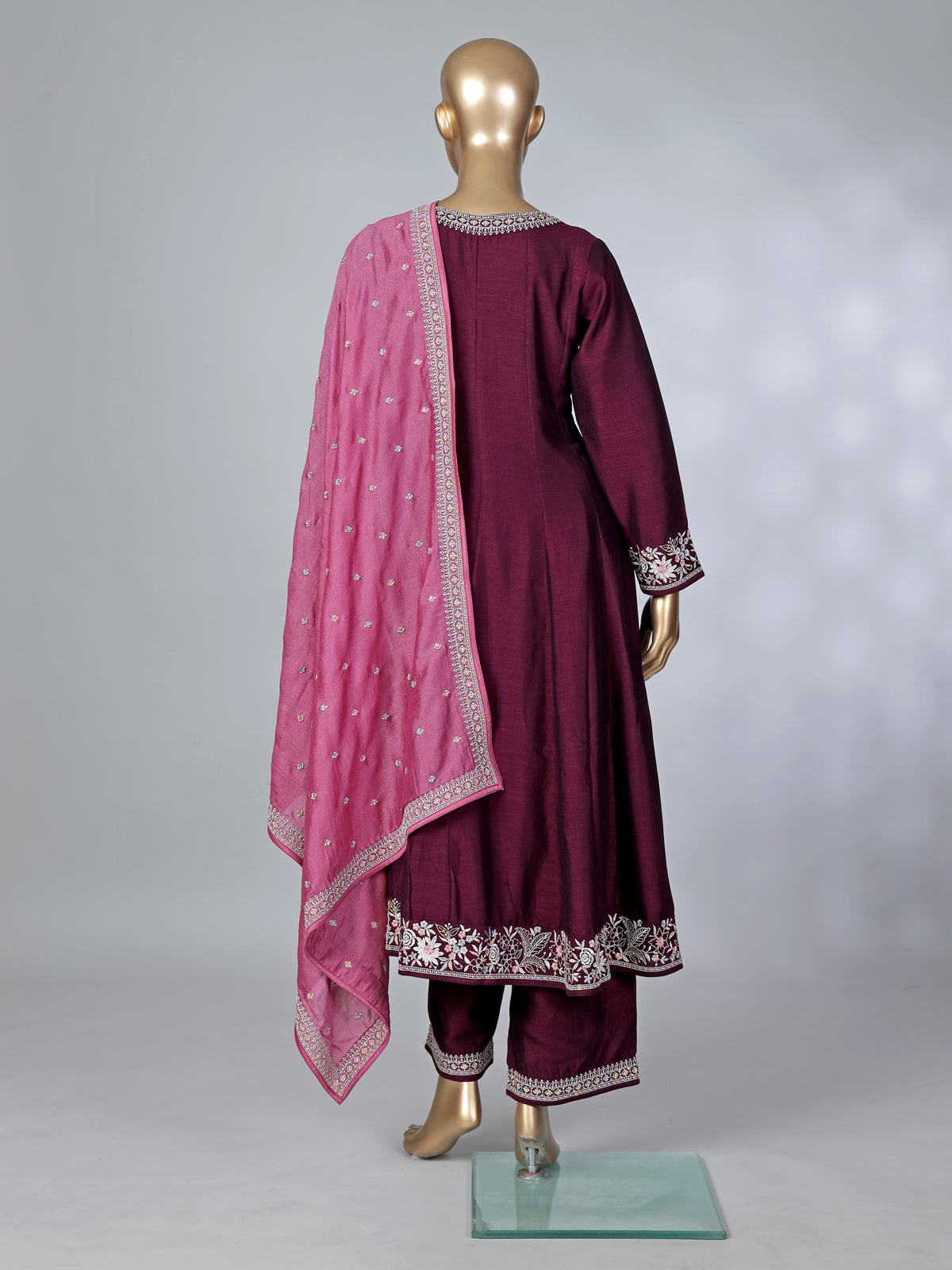 Wine silk embroidered festive palazzo suit with contrast dupatta