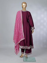 Wine silk embroidered festive palazzo suit with contrast dupatta
