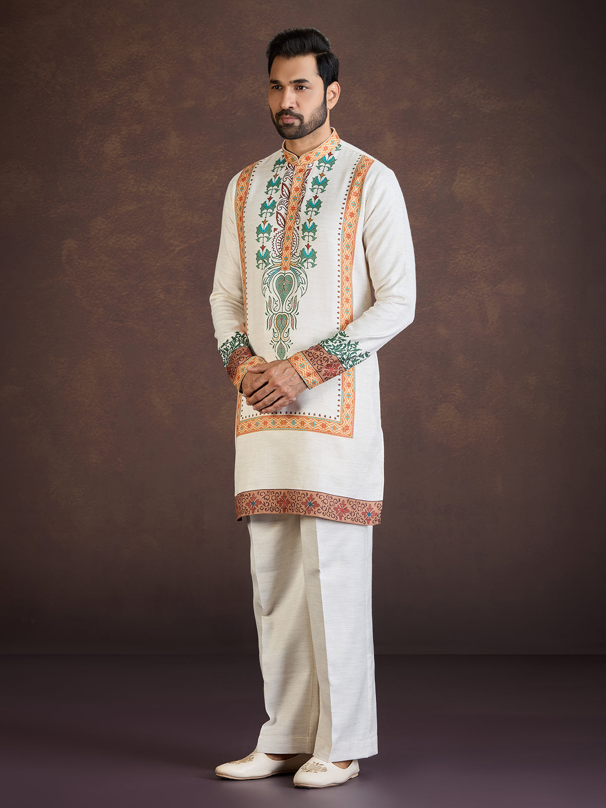 Off white printed soft linen kurta suit