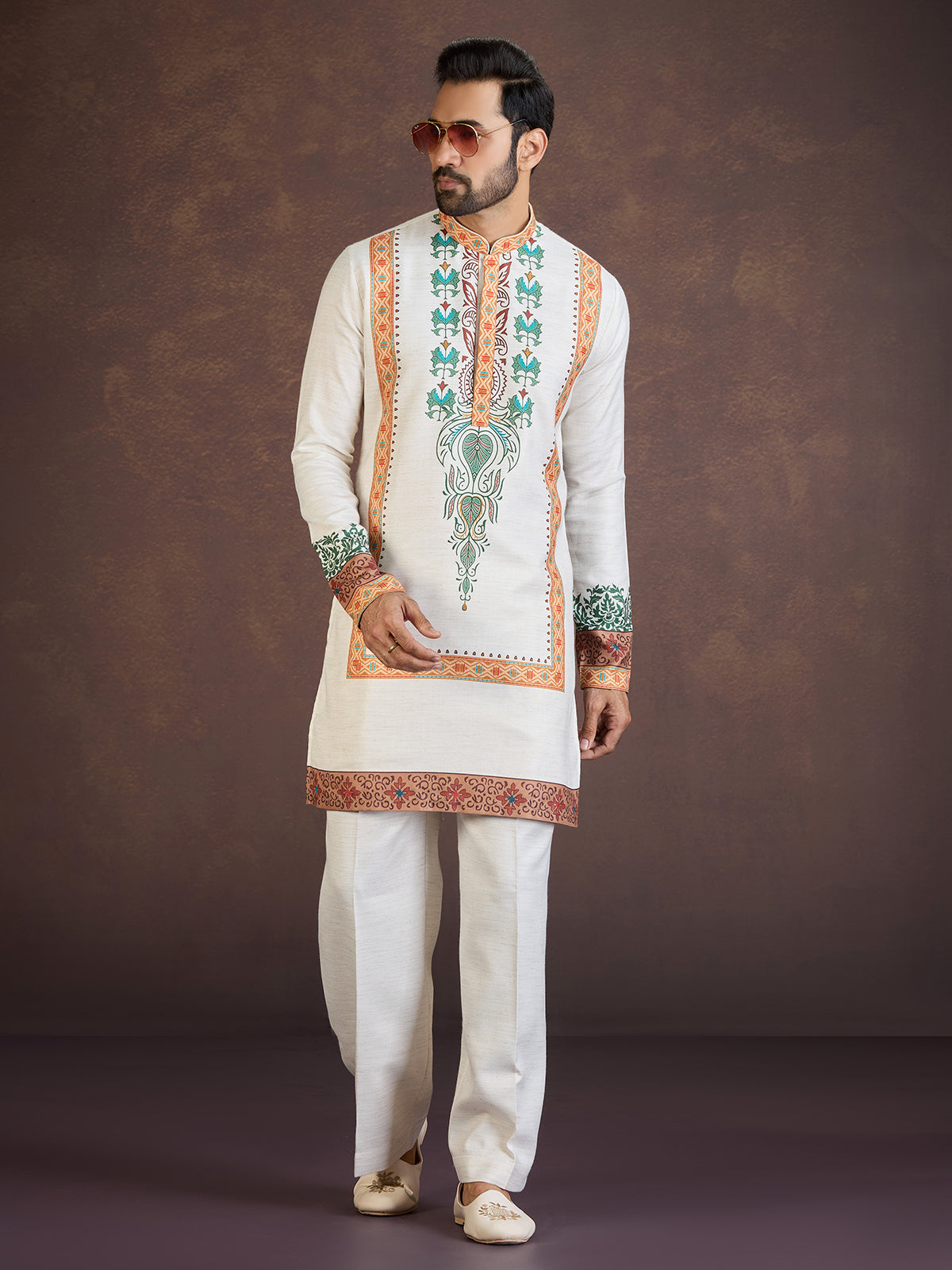 Off white printed soft linen kurta suit