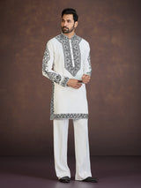 White viscose blend kurta suit with contrast thread work