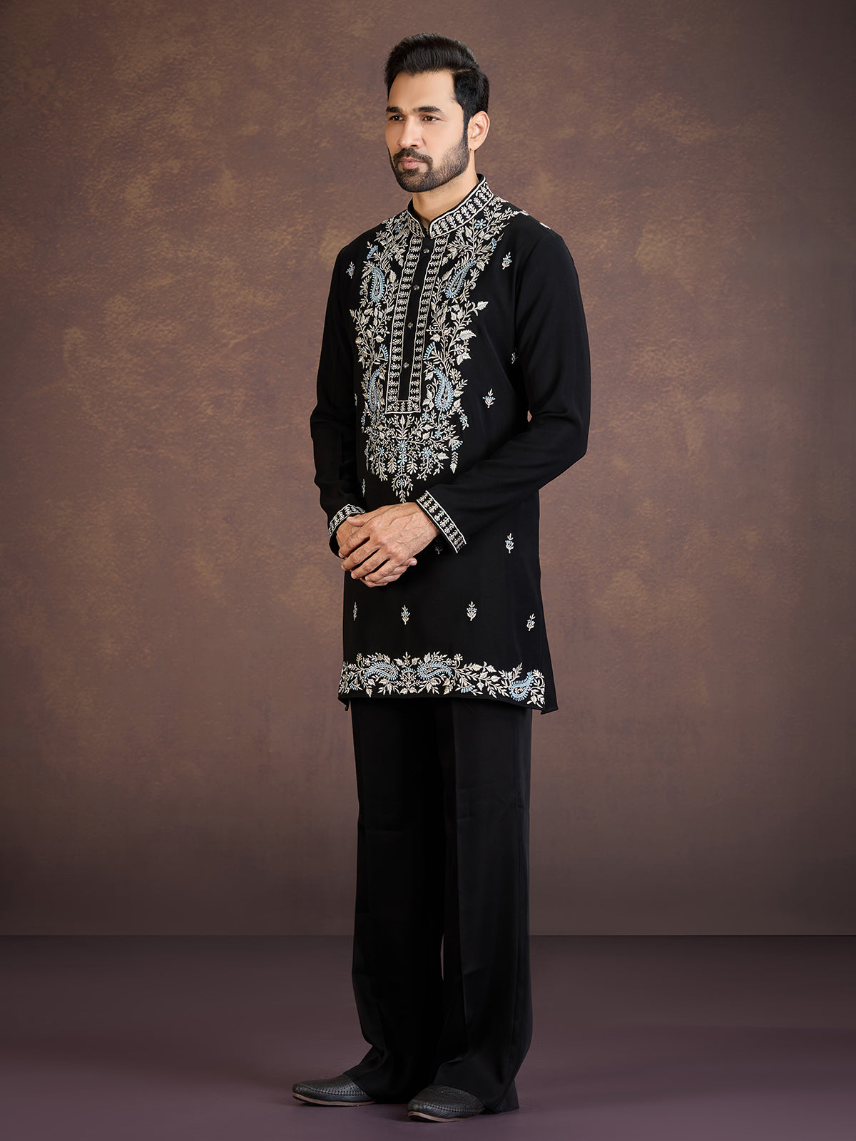 Black embroidered viscose blend kurta suit for reception