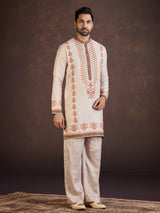 Beige wedding wear soft linen kurta suit with print