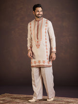 Beige wedding wear soft linen kurta suit with print
