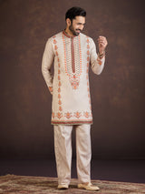 Beige wedding wear soft linen kurta suit with print