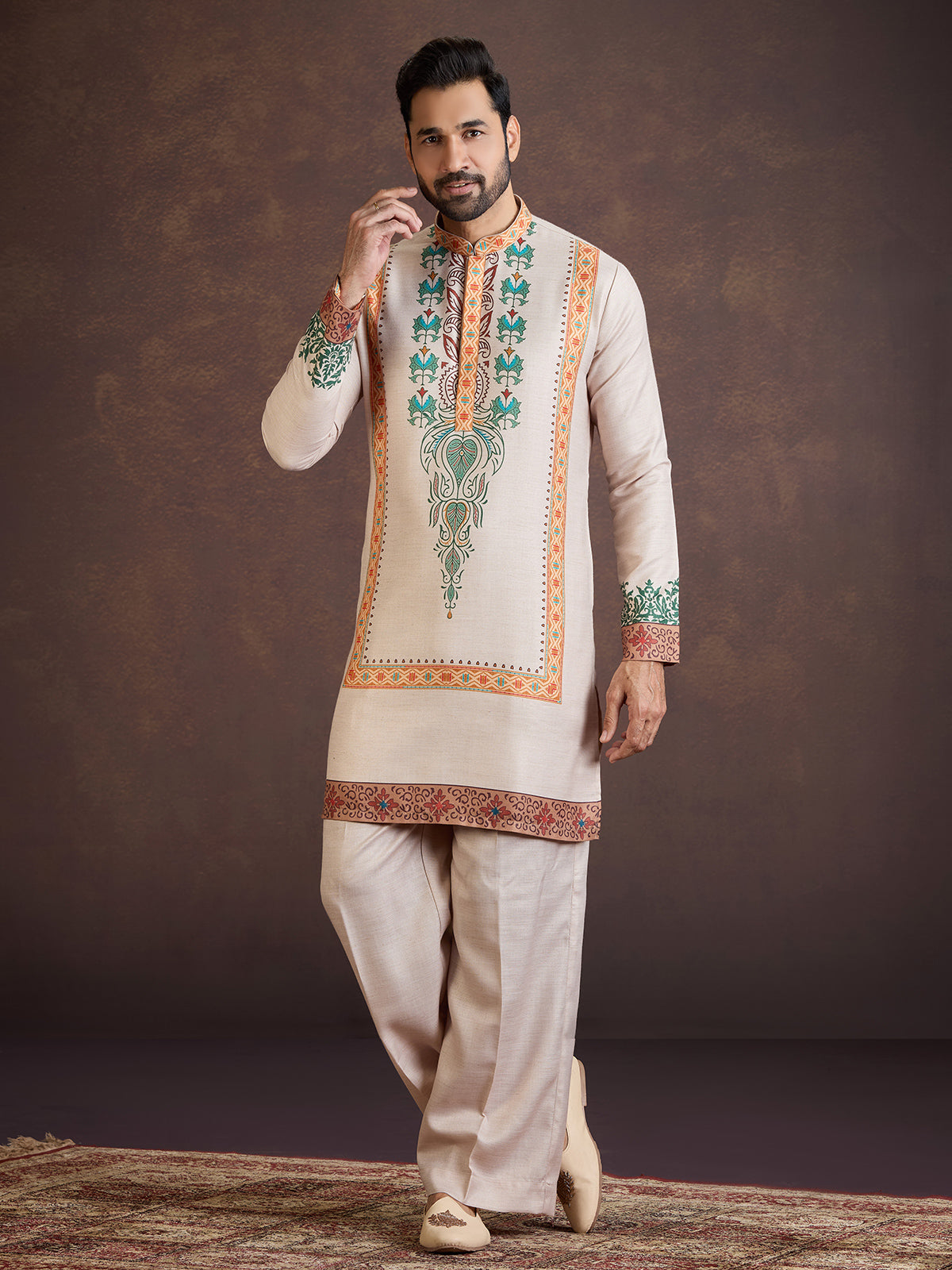 Beige printed wedding wear kurta suit with print