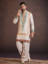 Beige printed wedding wear kurta suit with print