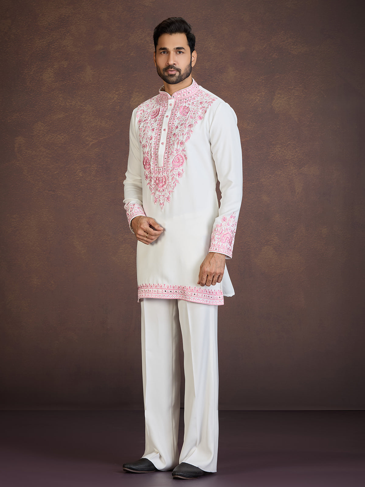 White viscose blend kurta suit with pink thread work