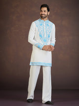 White viscose blend kurta suit with blue thread embroidery