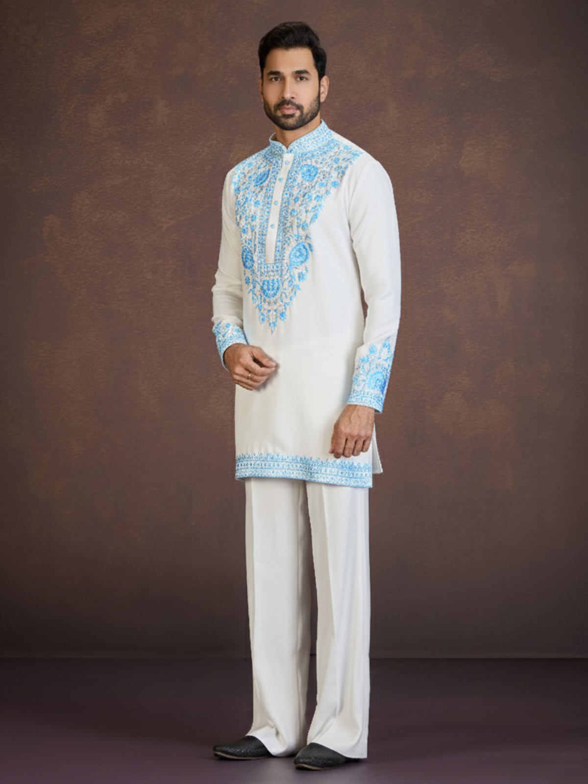 White viscose blend kurta suit with blue thread embroidery