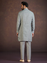 Grey cotton linen kurta suit with thread detailing