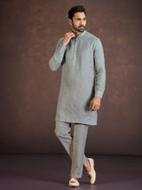 Grey cotton linen kurta suit with thread detailing