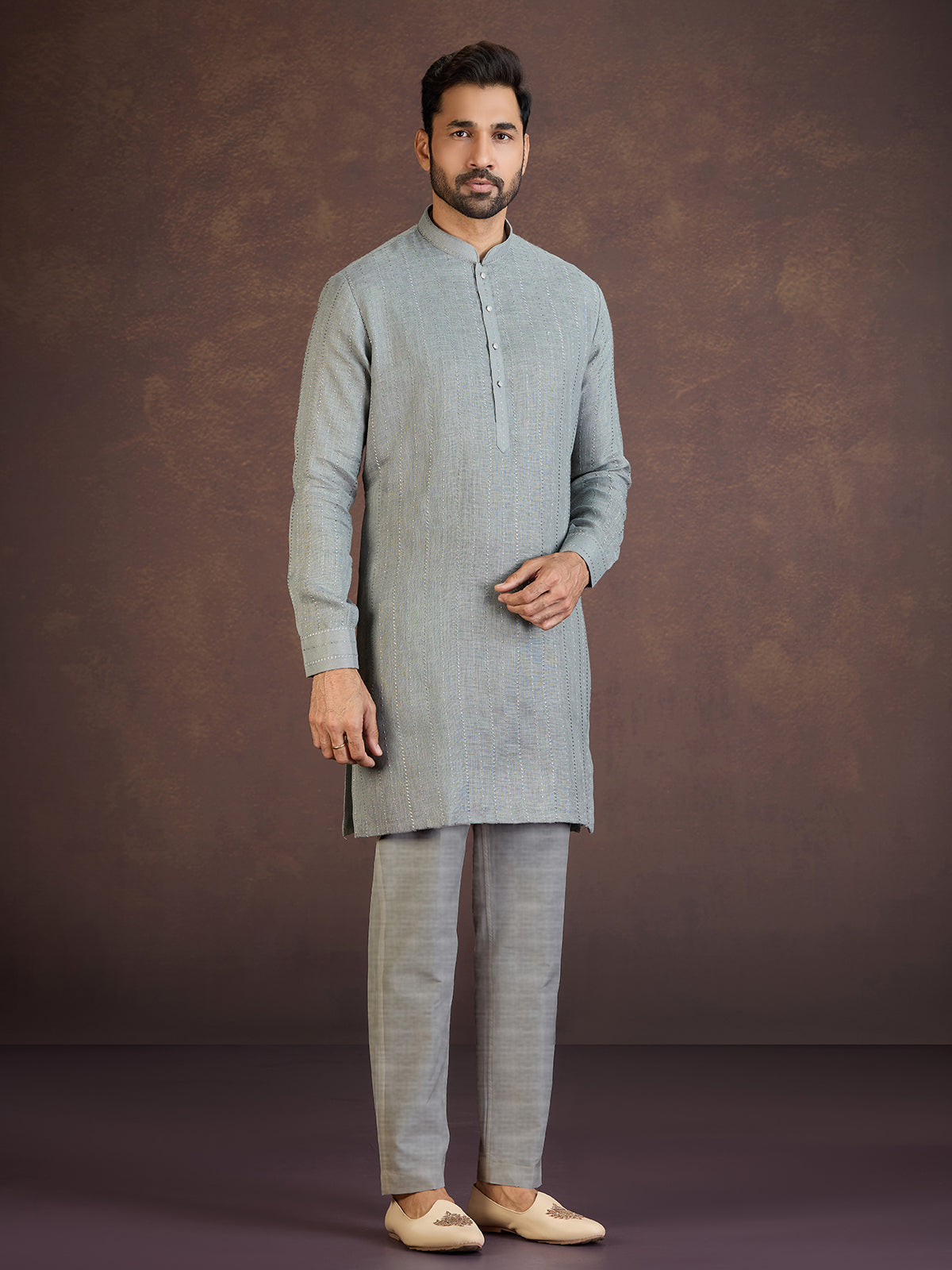 Grey cotton linen kurta suit with thread detailing