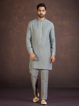 Grey cotton linen kurta suit with thread detailing