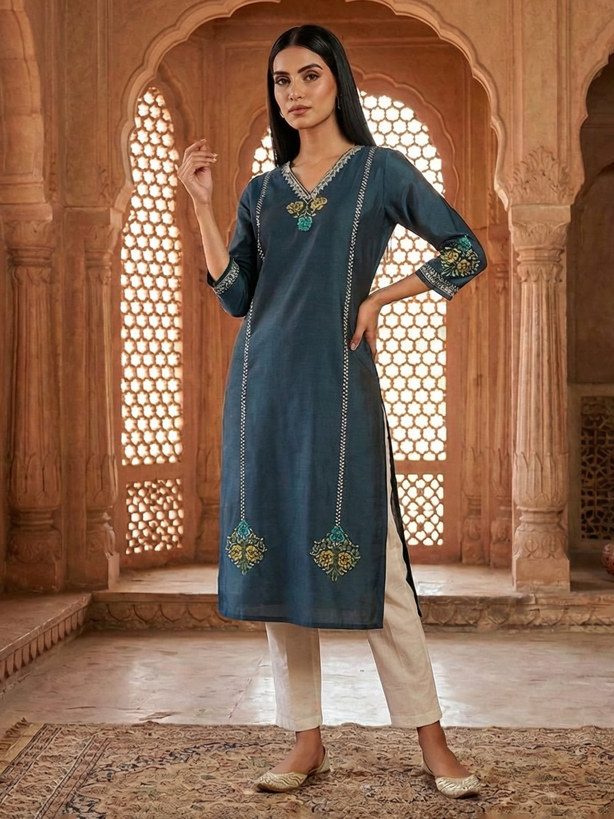 Teal blue silk thread and sequins casual kurti