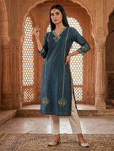 Teal blue silk thread and sequins casual kurti